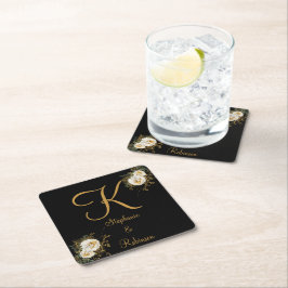 Gold Floral op Black Wedding Gift Monogram Kartonnen Onderzetters