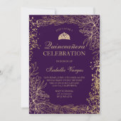 Gold floral paars Tiara chic Quinceañera Kaart (Voorkant)