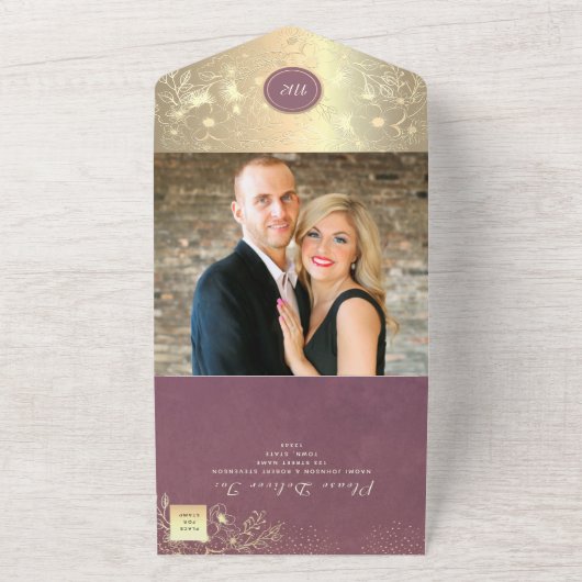 Gold Floral Paarse bruiloft All In One Uitnodiging (Buitenkant)