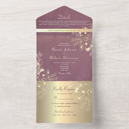 Gold Floral Paarse bruiloft All In One Uitnodiging (Binnen)
