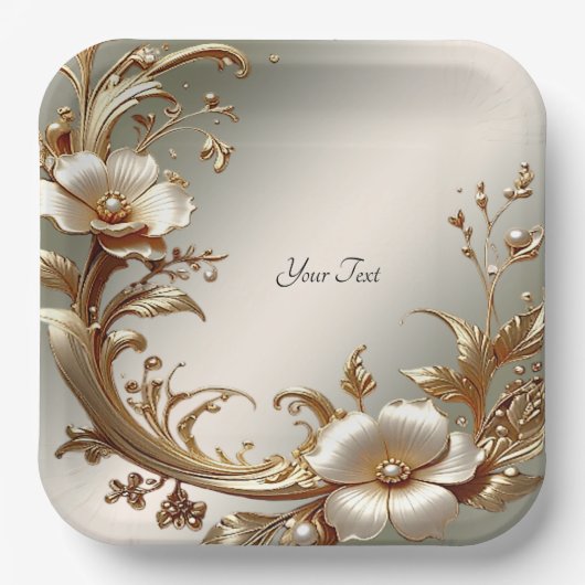 Gold Floral Paper Plate Papieren Bordje (Voorkant)