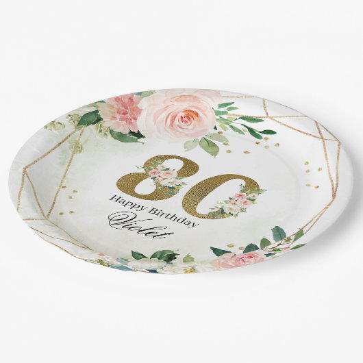 Gold & Floral Personalized Custom 80th Papieren Bordje (Gekanteld)