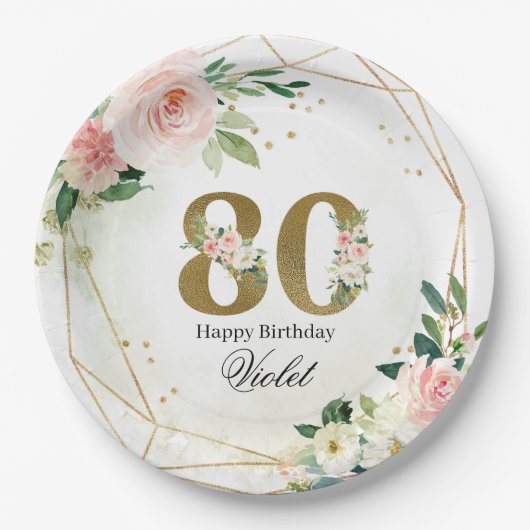 Gold & Floral Personalized Custom 80th Papieren Bordje (Voorkant)