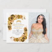 Gold Floral Quinceanera Birthday Foto Kaart (Voorkant)