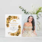 Gold Floral Quinceanera Birthday Foto Kaart (Staand voorkant)