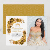 Gold Floral Quinceanera Birthday Foto Kaart (Voorkant / Achterkant)