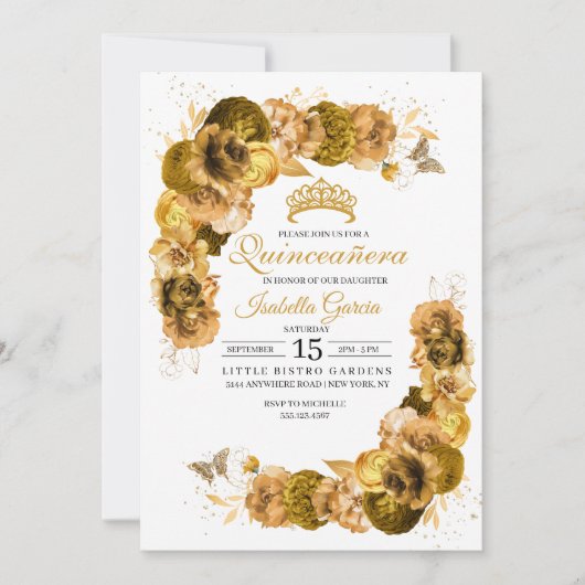 Gold Floral Quinceanera Birthday Kaart (Voorkant)