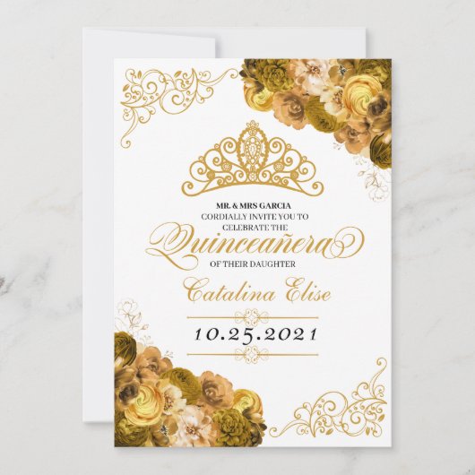 Gold Floral Quinceanera Birthday Kaart (Voorkant)