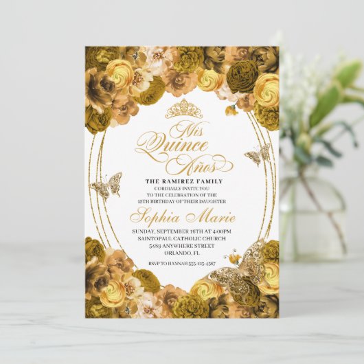 Gold Floral Quinceanera Birthday Kaart (Staand voorkant)