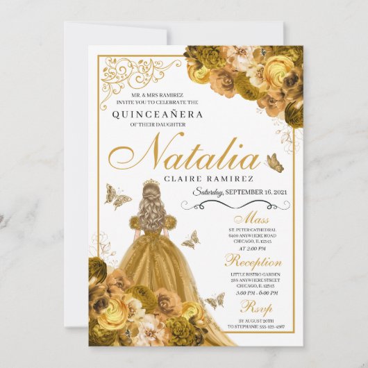 Gold Floral Quinceanera Birthday Kaart (Voorkant)