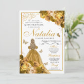 Gold Floral Quinceanera Birthday Kaart (Staand voorkant)