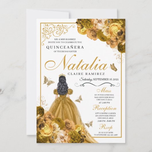 Gold Floral Quinceanera Birthday Kaart (Voorkant)