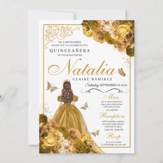 Gold Floral Quinceanera Birthday Kaart (Voorkant)