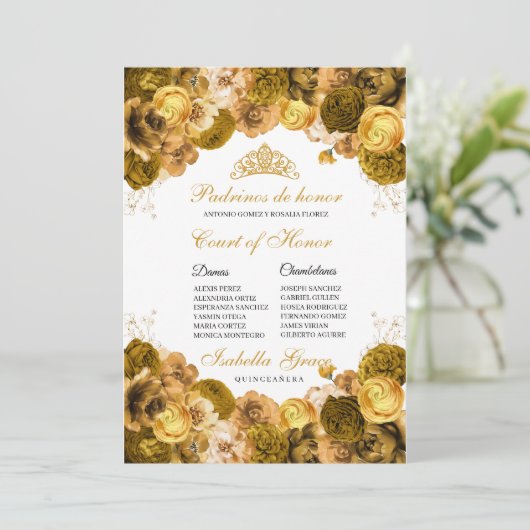 Gold Floral Quinceanera Court of Honor Kaart (Staand voorkant)