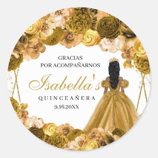 Gold Floral Quinceanera Round Stickers (Voorkant)