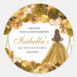 Gold Floral Quinceanera Round Stickers