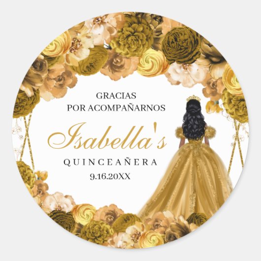 Gold Floral Quinceanera Round Stickers (Voorkant)