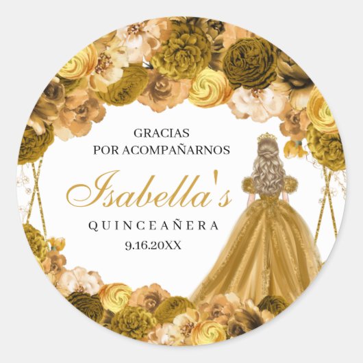 Gold Floral Quinceanera Round Stickers (Voorkant)