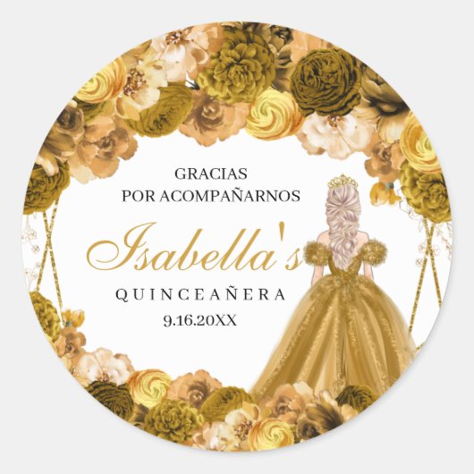 Gold Floral Quinceanera Round Stickers (Voorkant)