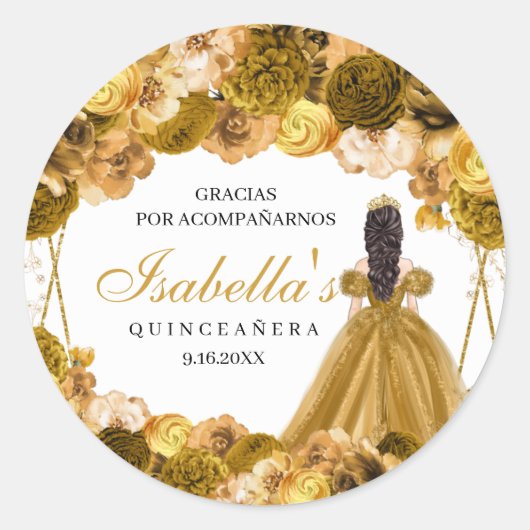 Gold Floral Quinceanera Round Stickers (Voorkant)