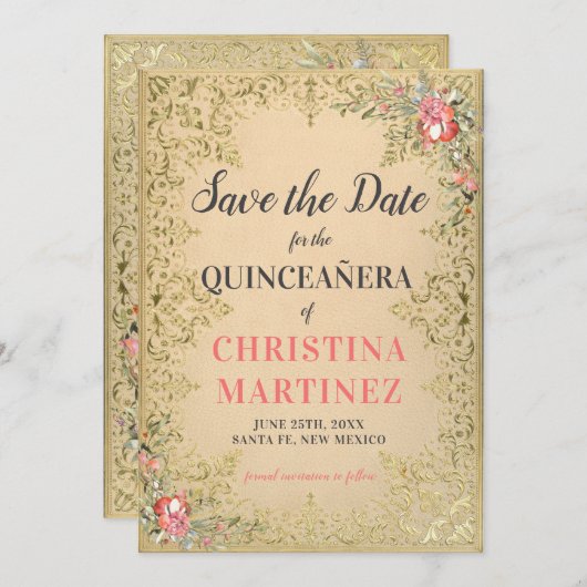  Gold Floral Quinceañera Welkom Yard Save The Date (Voorkant / Achterkant)