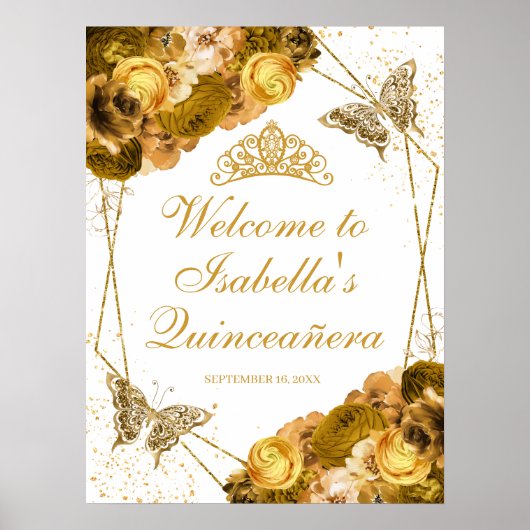 Gold Floral Quinceanera Welkomstteken Poster (Voorkant)