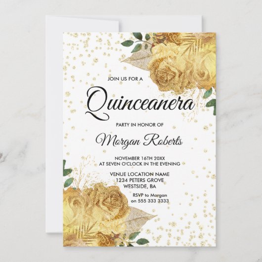 Gold Floral Roos Quinceanera Kaart (Voorkant)