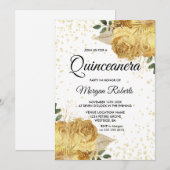 Gold Floral Roos Quinceanera Kaart (Voorkant / Achterkant)