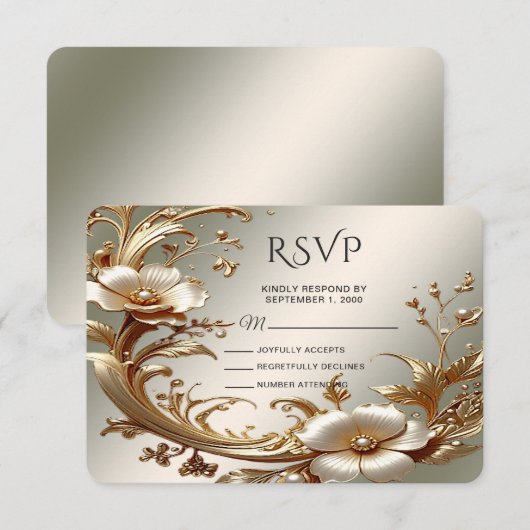 Gold Floral RSVP Card Kaartje (Voorkant / Achterkant)