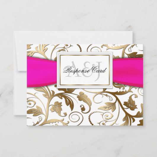 Gold Floral RSVP met Fuchsia Bow Kaartje (Voorkant)