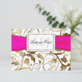 Gold Floral RSVP met Fuchsia Bow Kaartje (Staand voorkant)