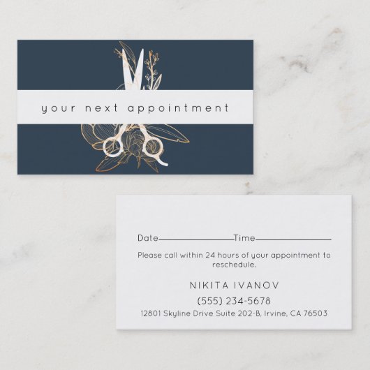 Gold Floral Salon Scissors Logo Benoeming Visitekaartje (Voorkant / Achterkant)