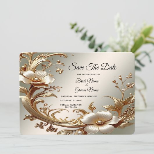 Gold Floral Save The Date (Staand voorkant)