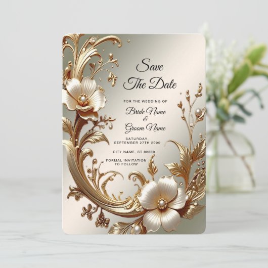 Gold Floral Save the Date (Staand voorkant)