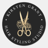 Gold Floral Scissors Logo Ronde Sticker (Voorkant)