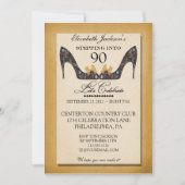 Gold  Floral Shoe 90th Birthday Uitnodiging (Voorkant)