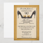 Gold  Floral Shoe 90th Birthday Uitnodiging (Voorkant / Achterkant)