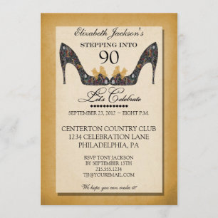 Gold  Floral Shoe 90th Birthday Uitnodiging