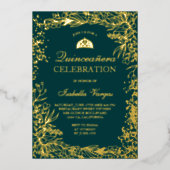 Gold floral smarald green Tiara chic Quinceanera Folie Uitnodiging (Voorkant)