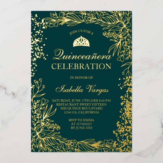 Gold floral smarald green Tiara chic Quinceanera Folie Uitnodiging (Voorkant)