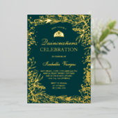 Gold floral smarald green Tiara chic Quinceanera Folie Uitnodiging (Staand Voorkant)