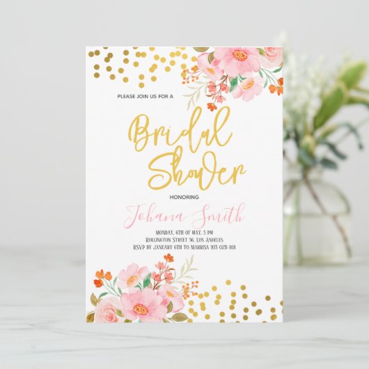 Gold Floral Spring Bridal Shower-uitnodiging Kaart (Staand voorkant)