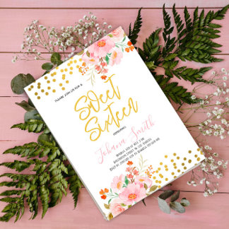 Gold Floral Spring Sweet Sixteen Birthday Kaart