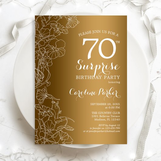Gold Floral Surprise 70th Birthday Party Kaart