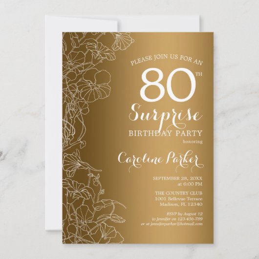 Gold Floral Surprise 80th Birthday Party Kaart (Voorkant)