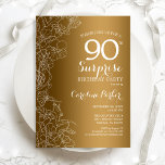 Gold Floral Surprise 90th Birthday Party Kaart<br><div class="desc">Gold White Surprise 90th Birthday Party Invitation. Glam feminine design met faux Gold folie,  botanische accenten en lettertype typografie. Eenvoudige bloemige uitnodigingskaart perfect voor een stijlvol vrouw verrassingsfeest. Kan op elke leeftijd worden aangepast. Uitnodigingen met Zazzle afdrukken of digitale sjabloon direct downloaden.</div>