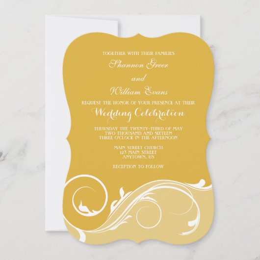Gold Floral Swirl Bracket Wedding Invites Kaart (Voorkant)
