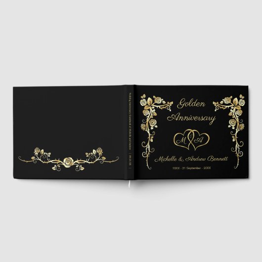 Gold Floral Swirls Hearts 50th Wedding Jubileum Gastenboek (Volledig)