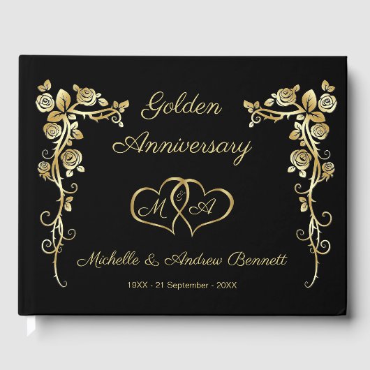 Gold Floral Swirls Hearts 50th Wedding Jubileum Gastenboek (Voorkant)
