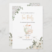 Gold Floral Tea Party Verjaardag Uitnodiging (Voorkant / Achterkant)